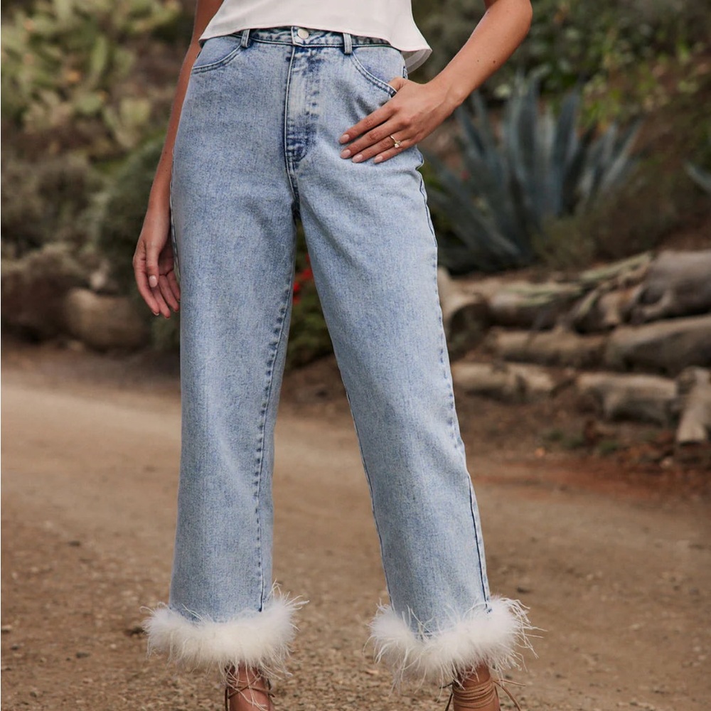 12th Tribe Blue Cropped Ankle Jeans with Feather Trim